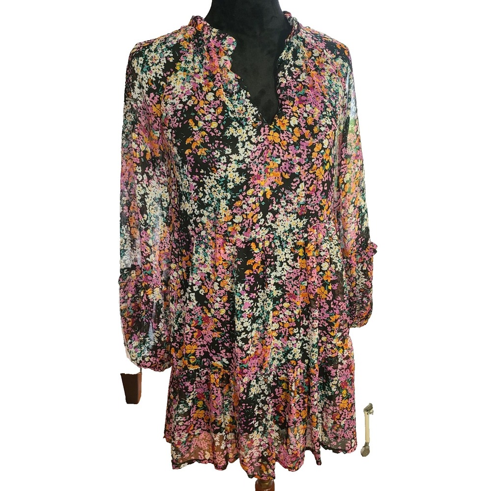 Vince Camuto Dress Women Small Tiered Pink Floral Sheer Long Sleeve‎ Boho XS